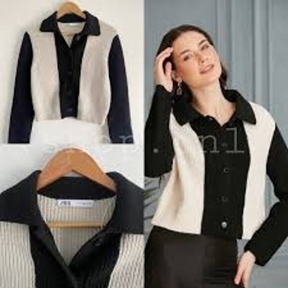 Zara Black White Ribbed Knit Collared Button Front Colorblock Cardigan Sweater S - Picture 2 of 10